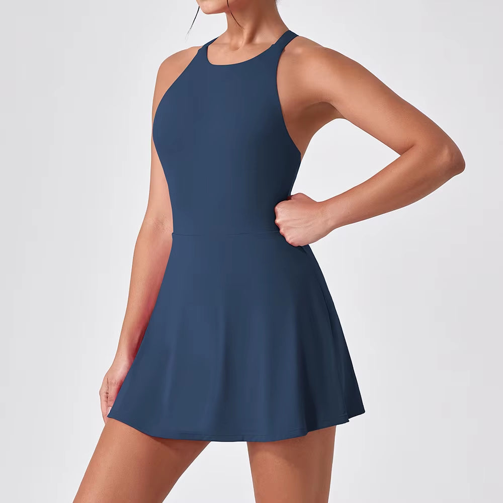 Halter Yoga & Tennis Dress – Breathable Sports Jumpsuit - Pink