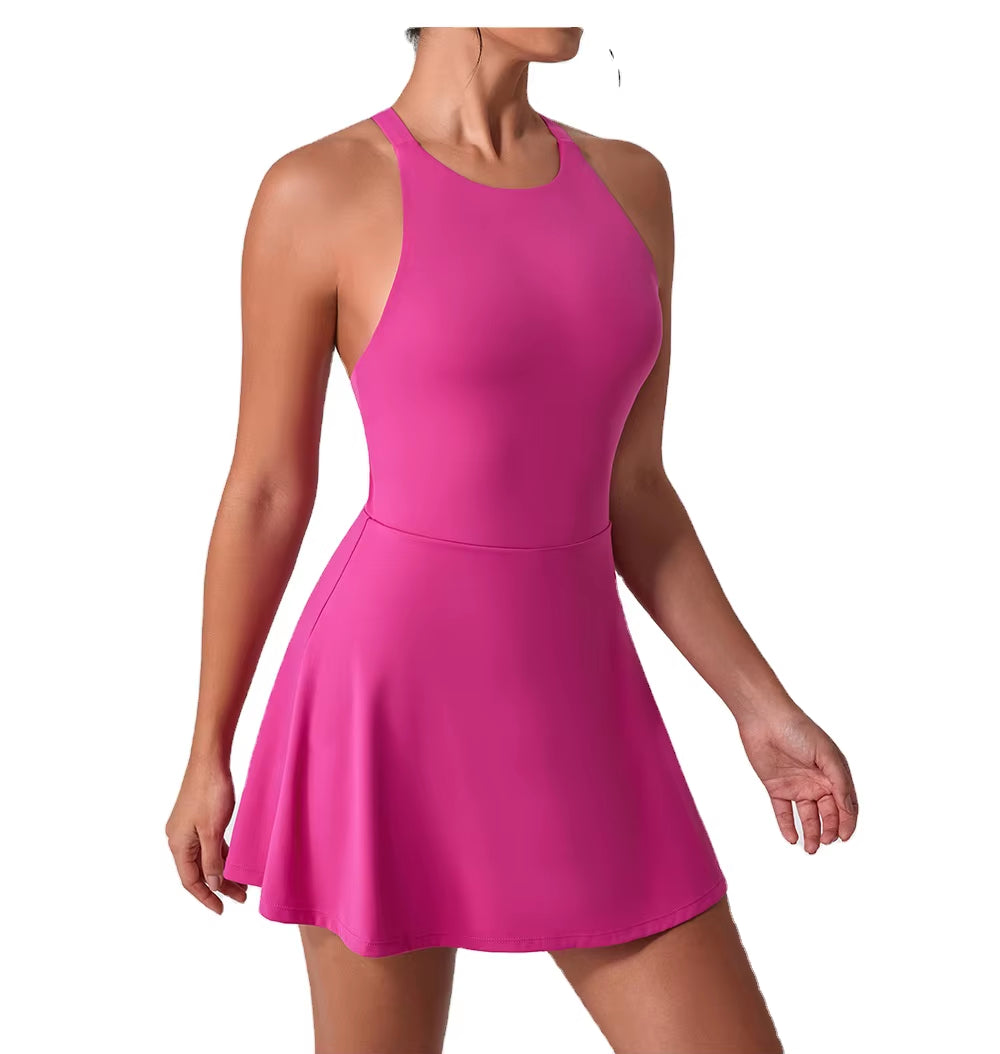 Halter Yoga & Tennis Dress – Breathable Sports Jumpsuit - Pink
