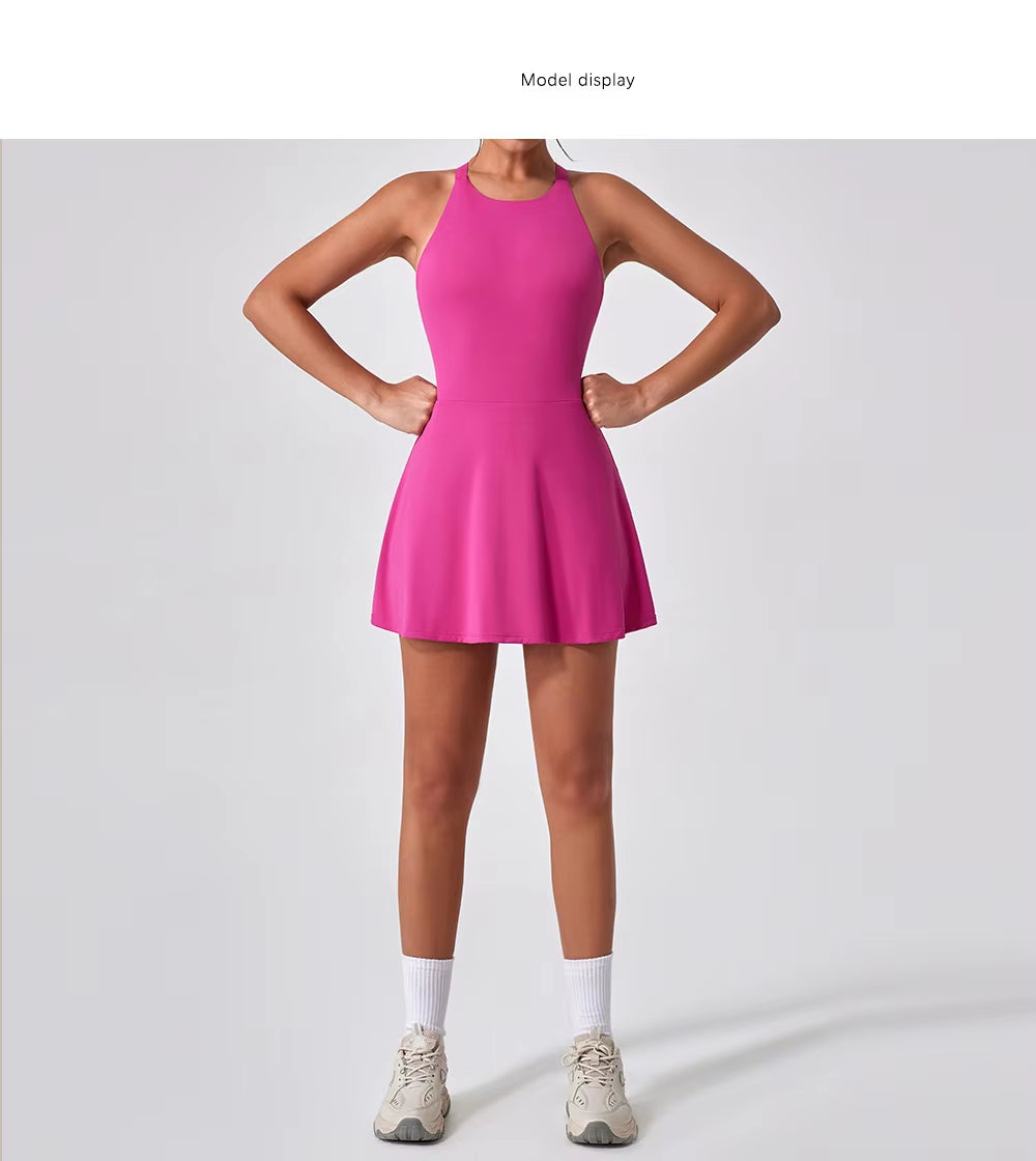 Halter Yoga & Tennis Dress – Breathable Sports Jumpsuit - Pink
