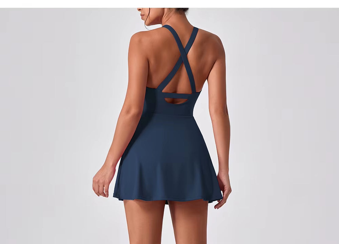 Halter Yoga & Tennis Dress – Breathable Sports Jumpsuit - Pink