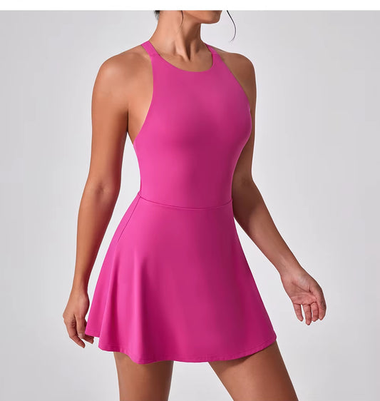 Halter Yoga & Tennis Dress – Breathable Sports Jumpsuit - Pink