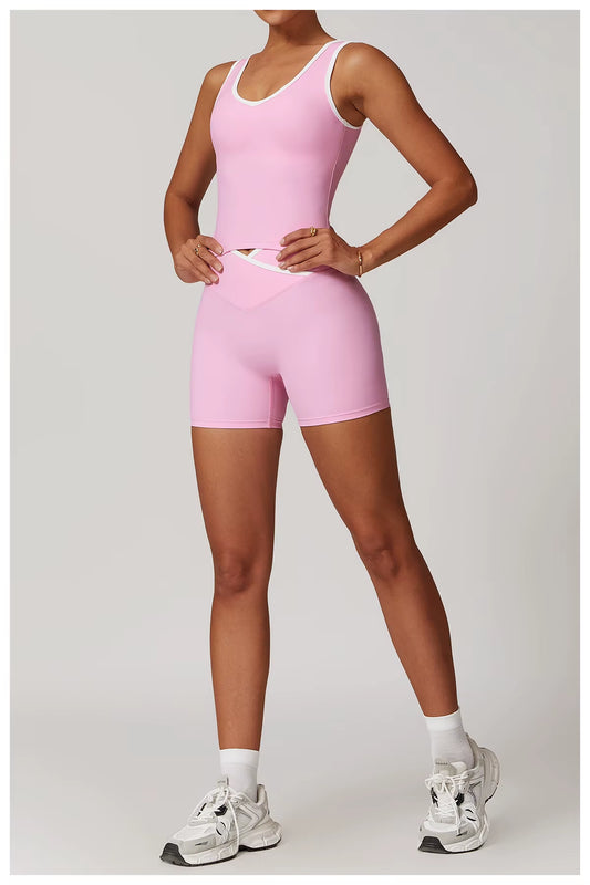 Classic Compression Workout Top & Shorts Set - Pink